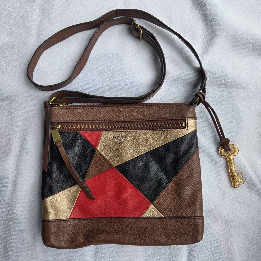 Fossil Fiona Colorblock Leather Crossbody Bag Patchwork Geometric Gold Key Charm